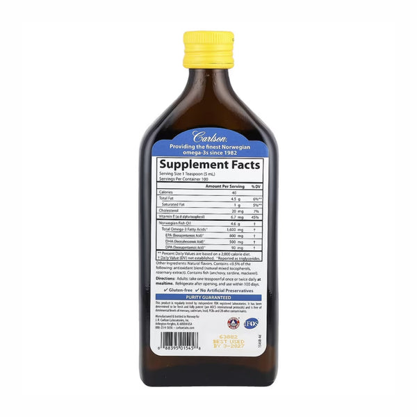 Carlson, Aceite de Pescado Noruego, Limón Natural, 500 ml (16.9 fl oz)
